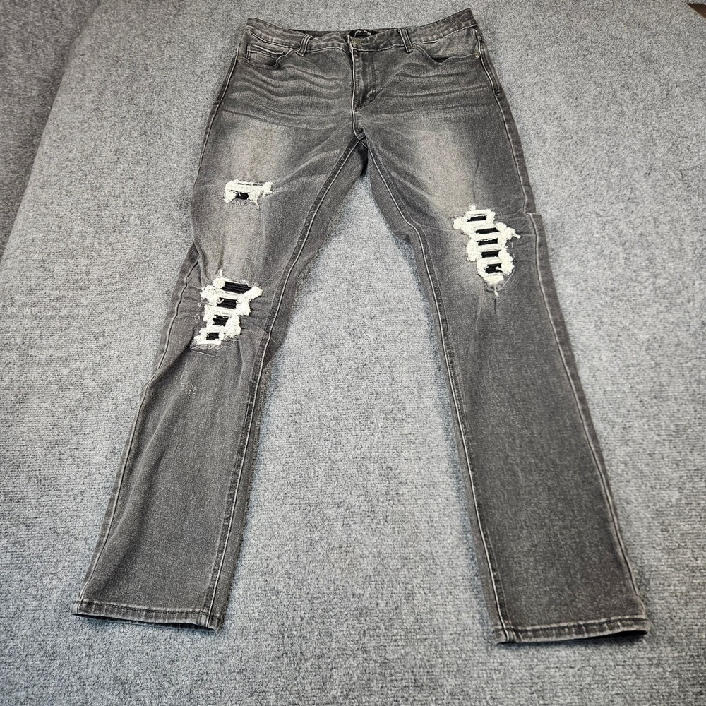 Encrypted Mens Distressed Slim Straight Jeans Washed Black Ripped Repaired 36x32